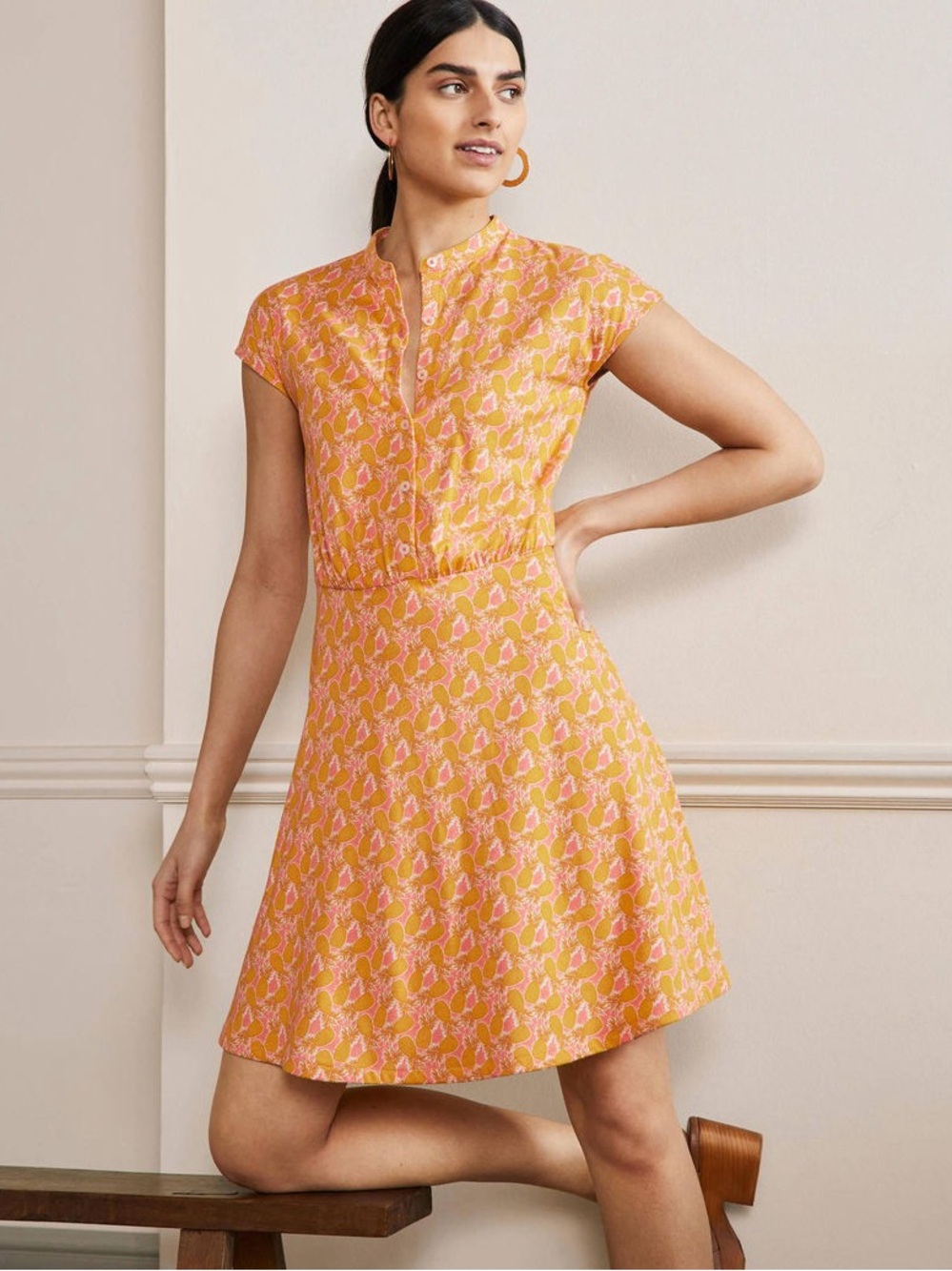 Boden Flippy Jersey Dress Sz 4 Orange Yellow Pineapple Print Cap Sleeve Preppy
